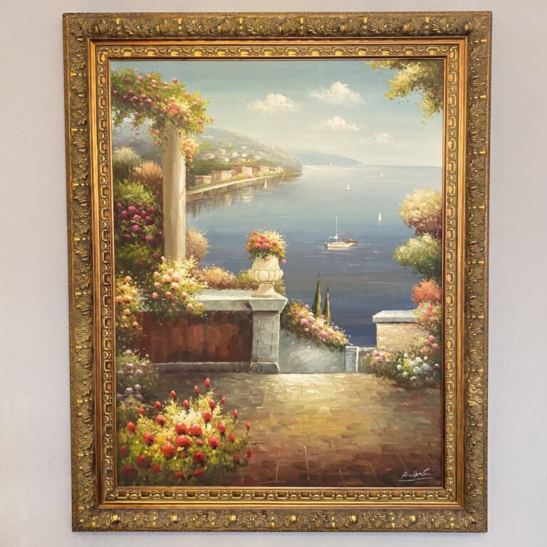 تابلو نقاشی ایتالیایی منظره گل و دریا
