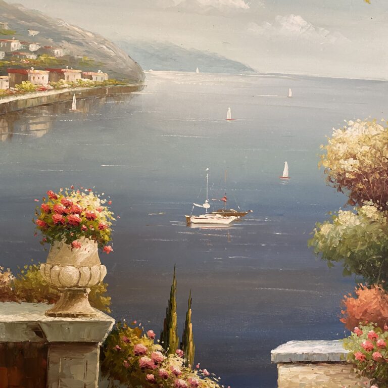 تابلو نقاشی ایتالیایی منظره گل و دریا