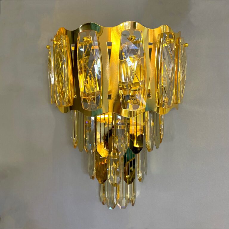 لوستر دیوارکوب دو شعله کریستال فلز طلایی