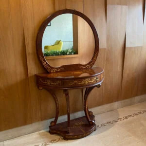 آینه کنسول کلاسیک چوبی معرق قهوه‌ ای پایه کمانی