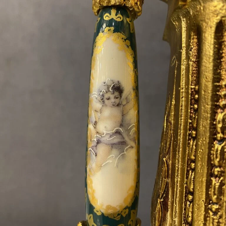 ساعت و شمعدان سبز و طلایی برنز