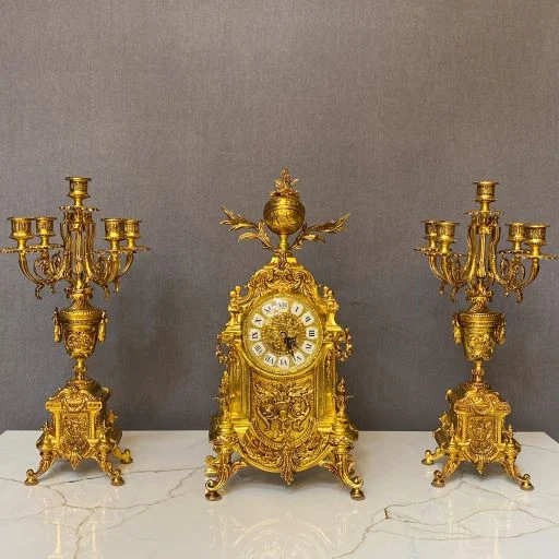 ست ساعت و شمعدان برنز طلایی کلاسیک شیک