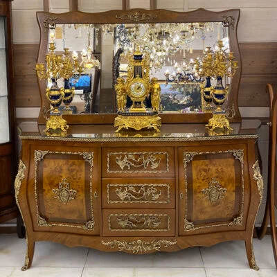 آینه کنسول چوبی برنزکوب قهوه ای خمره‌ای