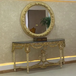 آینه کنسول چوبی منبت طلایی آینه گرد