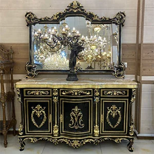 خرید آینه کنسول چوبی منبت کاری شده مشکی طلایی