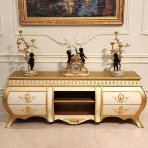 میز تلویزیون کلاسیک طلایی و کرم